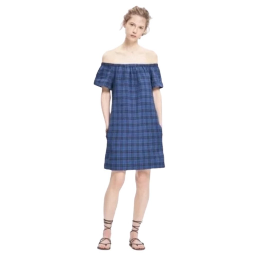 Madewell Blue Plaid Off-the-Shoulder Mini Dress 4